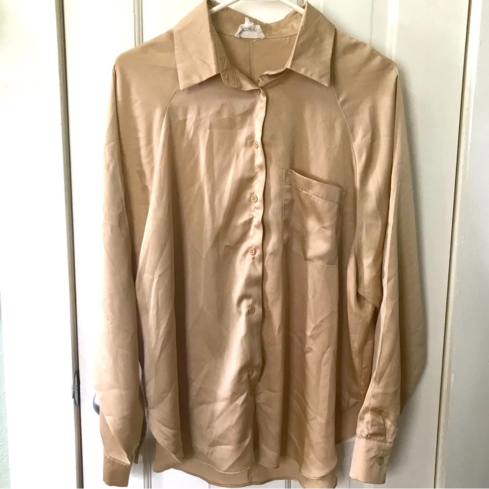 &Merci Tan silk button down blouse size medium